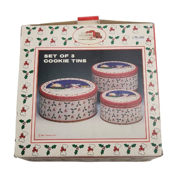 Vintage 1987 Cookie Christmas Storage Tins Pound Puppies Nesting Set Of 3 - Picture 2 of 6